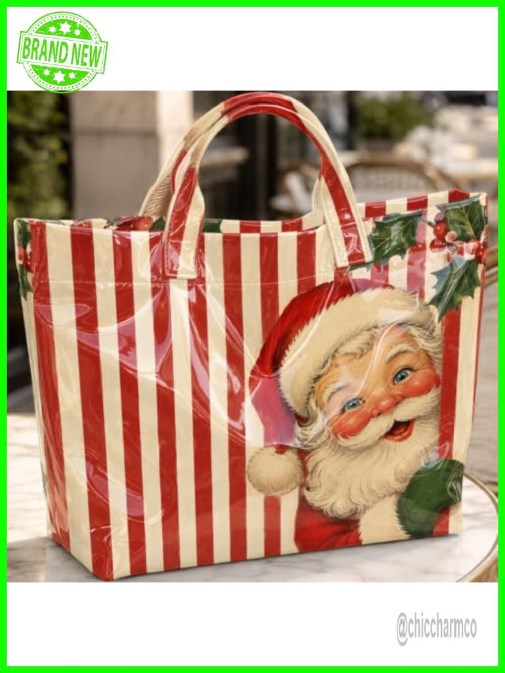 Retro Santa & Holly Christmas Tote Bag PVC Handbag Shoulder Bag